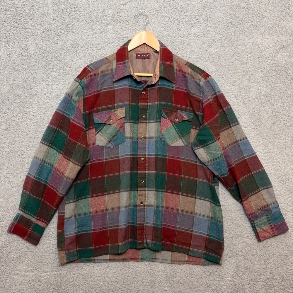 VTG Anthonys Plaid Flannel Shirt Men XL Red‎ Green Button Down Holiday Christmas